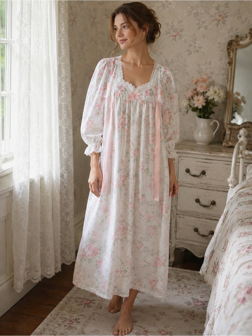 Vintage Cachet Floral 2pc Nightgown Robe Set Cottagecore Coquette Large